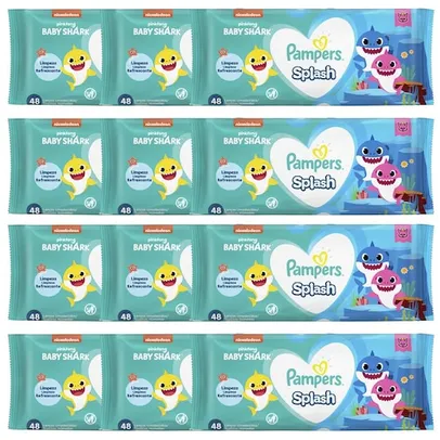 Lenços Umedecidos Pampers Splashers Baby Shark - 12 Pacotes com 48 Lenços Cada