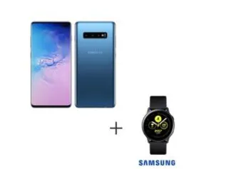 Samsung Galaxy S10+ Azul, Tela de 6,4", 4G, 128GB e Camera Tripla + Galaxy Watch Active Preto, 28 mm, NFC e 4GB