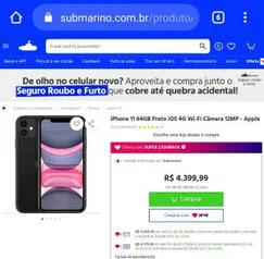 [AME 12%/ CC Sub] iPhone 11 64GB Preto iOS 4G R$ 4180