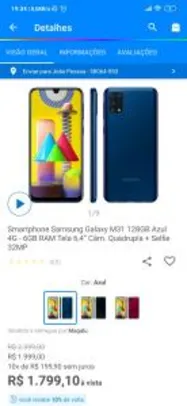 [R$1.619 MagaluPay] Smartphone Samsung Galaxy M31 128GB Azul 4G - 6GB RAM | R$1.799
