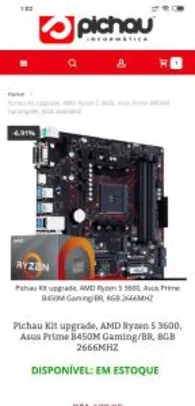 Pichau Kit upgrade, AMD Ryzen 5 3600, Asus Prime B450M Gaming/BR, 8GB 2666MHZ