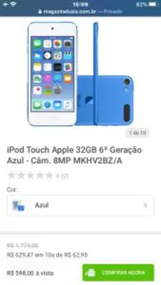 iPod Touch Apple 32GB 6ª Geração Azul - Câm. 8MP MKHV2BZ/A R$ 598