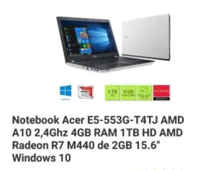 Notebook Acer E5-553G-T4TJ AMD A10 2,4Ghz 4GB RAM 1TB HD AMD Radeon R7 M440 de 2GB 15.6" Windows 10