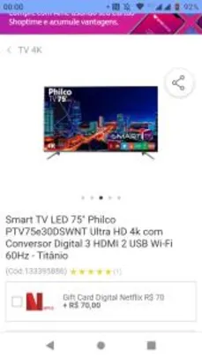 Smart TV LED 75" Philco PTV75e30DSWNT Ultra HD 4k com Conversor Digital 3 HDMI 2 USB Wi-Fi 60Hz - Titânio R$6499