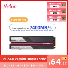 SSD Nvme Netac de 2tb compatível com Playstation 5 - Pcie4.0 x4 dram cache - 7400mbs de leitura