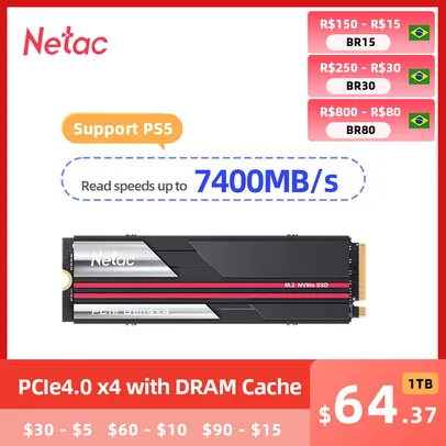 SSD Nvme Netac de 2tb compatível com Playstation 5 - Pcie4.0 x4 dram cache - 7400mbs de leitura