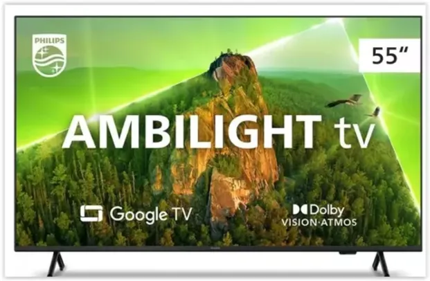 Smart TV Philips Ambilight 55" 4K 55PUG7908/78, Google TV, Comando de Voz, Dolby Vision/Atmos