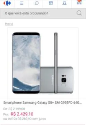 Smartphone Samsung Galaxy S8+ SM-G955FD 64GB Prata 4G Tela 6.2" Câmera 12MP Android 7.0 | R$ 2.429