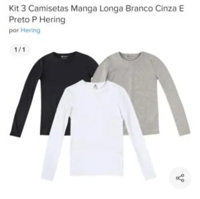 Kit 3 Camisetas Manga Longa Branco Cinza E Preto P Hering | R$25