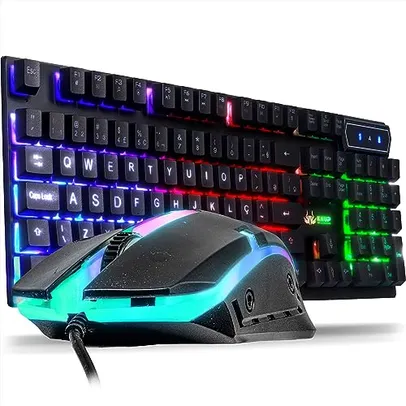 Kit Gamer Teclado LED RGB Teclas Laser + Mouse USB Retro Iluminado 1600DPI Computador Note Jogos