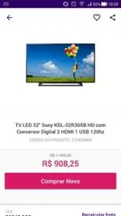 TV LED 32" Sony KDL-32R305B HD com Conversor Digital 2 HDMI 1 USB 120hz - R$908