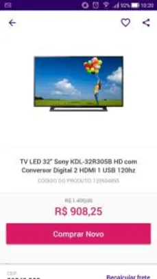 TV LED 32" Sony KDL-32R305B HD com Conversor Digital 2 HDMI 1 USB 120hz - R$908