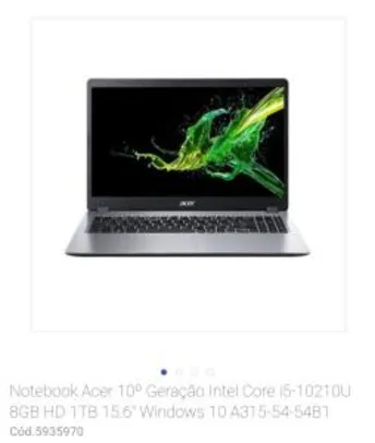Notebook Acer 10º Geração Intel Core i5-10210U 8GB HD 1TB - R$2.499