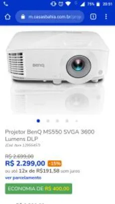 Projetor BenQ MS550 SVGA 3600 Lumens DLP | R$2299