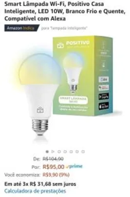 Smart Lâmpada Wi-Fi, Positivo Casa Inteligente, LED 10W, Branco Frio e Quente | R$95