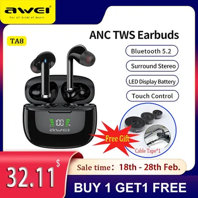 Fone de Ouvido Awei TA8 ANC Bluetooth compatible 5.2 Sport Headset Noise