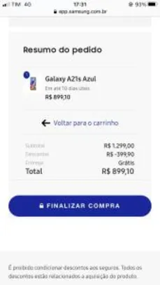 [CC Santander] Samsung A21s R$899