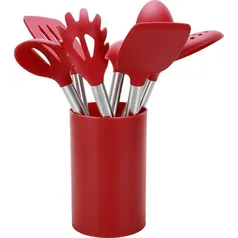 [Ame 39][Ame SC 12]Conjunto de Utensílios de Silicone 7 Peças com Suporte Vermelho e Cabo em Inox 