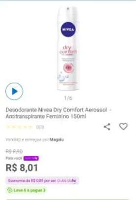 [Clube da Lu] Desodorante Nivea Dry Comfort Aerossol - Antitranspirante Feminino 150ml | R$ 3,17