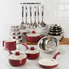 Conjunto de Panelas Cerâmica Colors 5 pçs Vermelha + Potes 5 pçs + Tigelas 5 pçs + Cj. Utensílios Inox 7 pçs + Escorredor de Arroz 26 cm La Cuisine - R$ 272