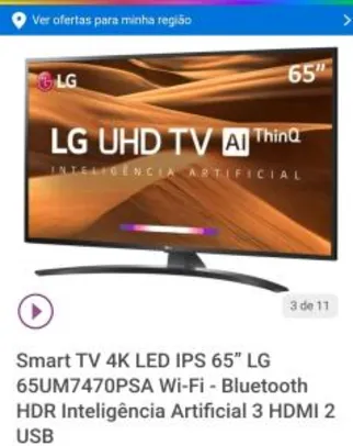 Smart TV 4K LED IPS 65” LG 65UM7470PSA Wi-Fi - Bluetooth HDR Inteligência Artificial 3 HDMI 2 USB