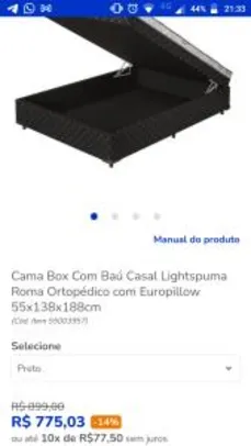 Cama Box Com Baú Casal Lightspuma Roma Ortopédico com Europillow 55x138x188cm R$775
