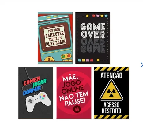 Kit 5 Quadros para Decoração Jogos Frases Colorido Quarto - Gamer